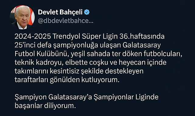 Devlet Bahçeli’den Galatasaray’a Şampiyonluk Tebriği